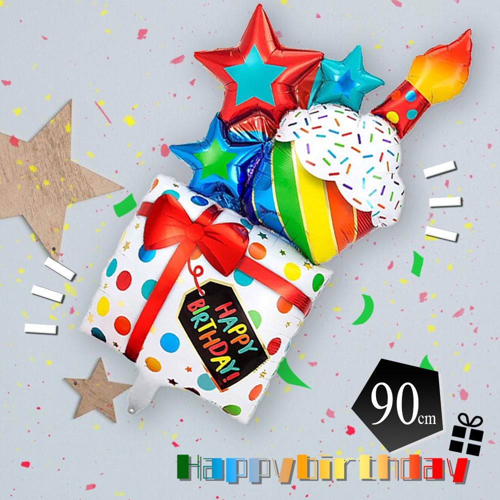 誕生日バルーン(プレゼント&ケーキver) 風船 大きい HAPPYBIRTHDAYアルミバルーン