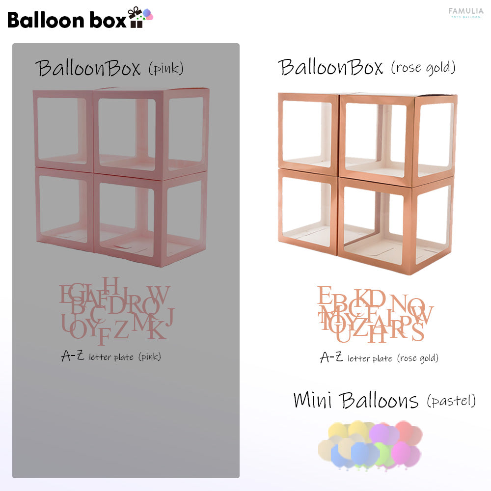 バルーンボックス 飾り付け 誕生日/送別会/推し活/【4箱セット】 A～Z計26文字プレート付 (白/黒/ピンク/ROSEGOLD)