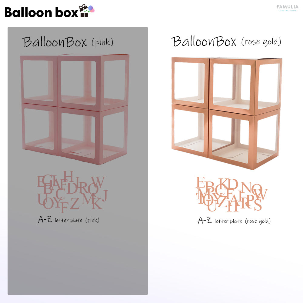 バルーンボックス 飾り付け 誕生日/送別会/推し活/【4箱セット】 A～Z計26文字プレート付 (白/黒/ピンク/ROSEGOLD)